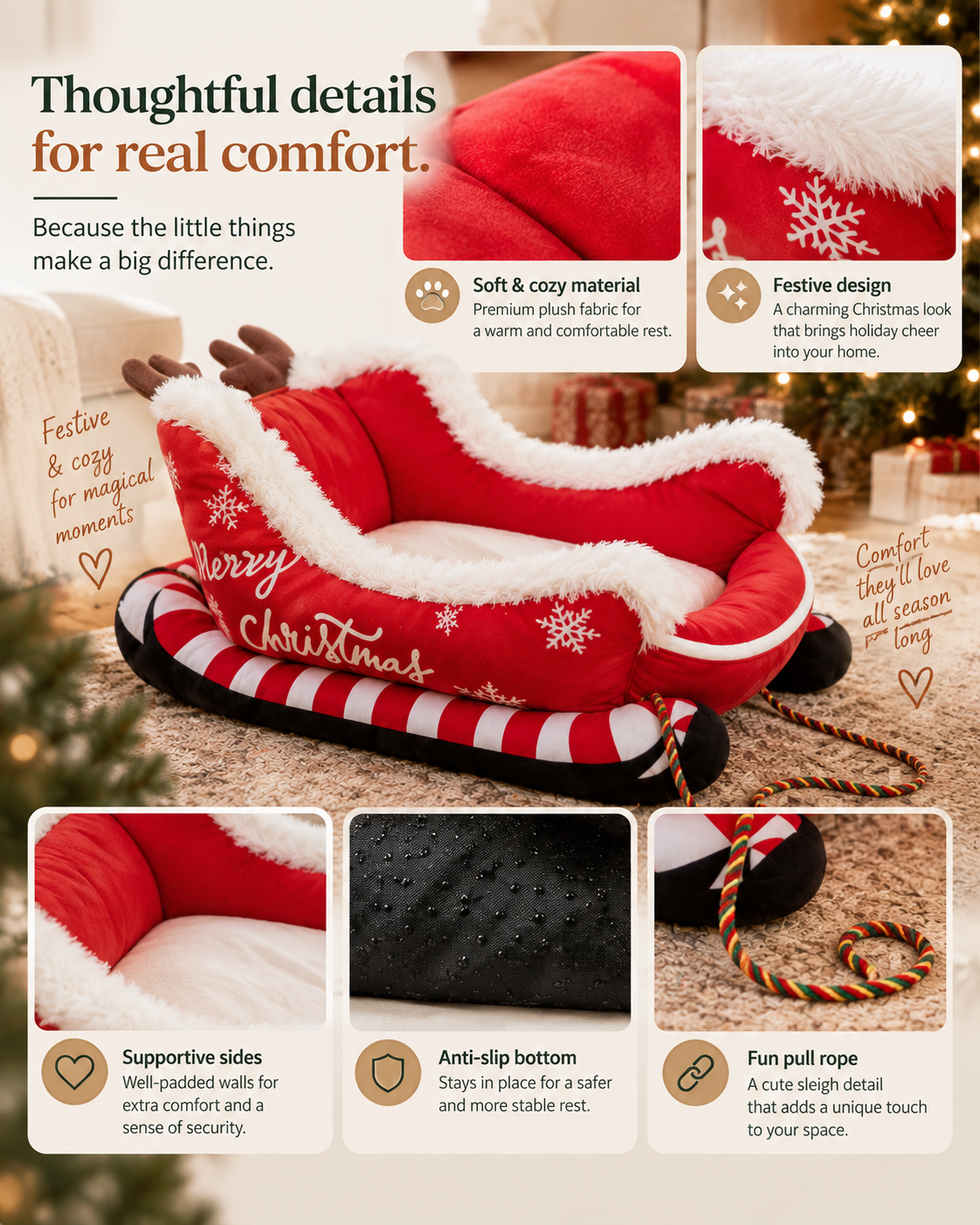 Wayloa Christmas Sleigh Dog Bed
