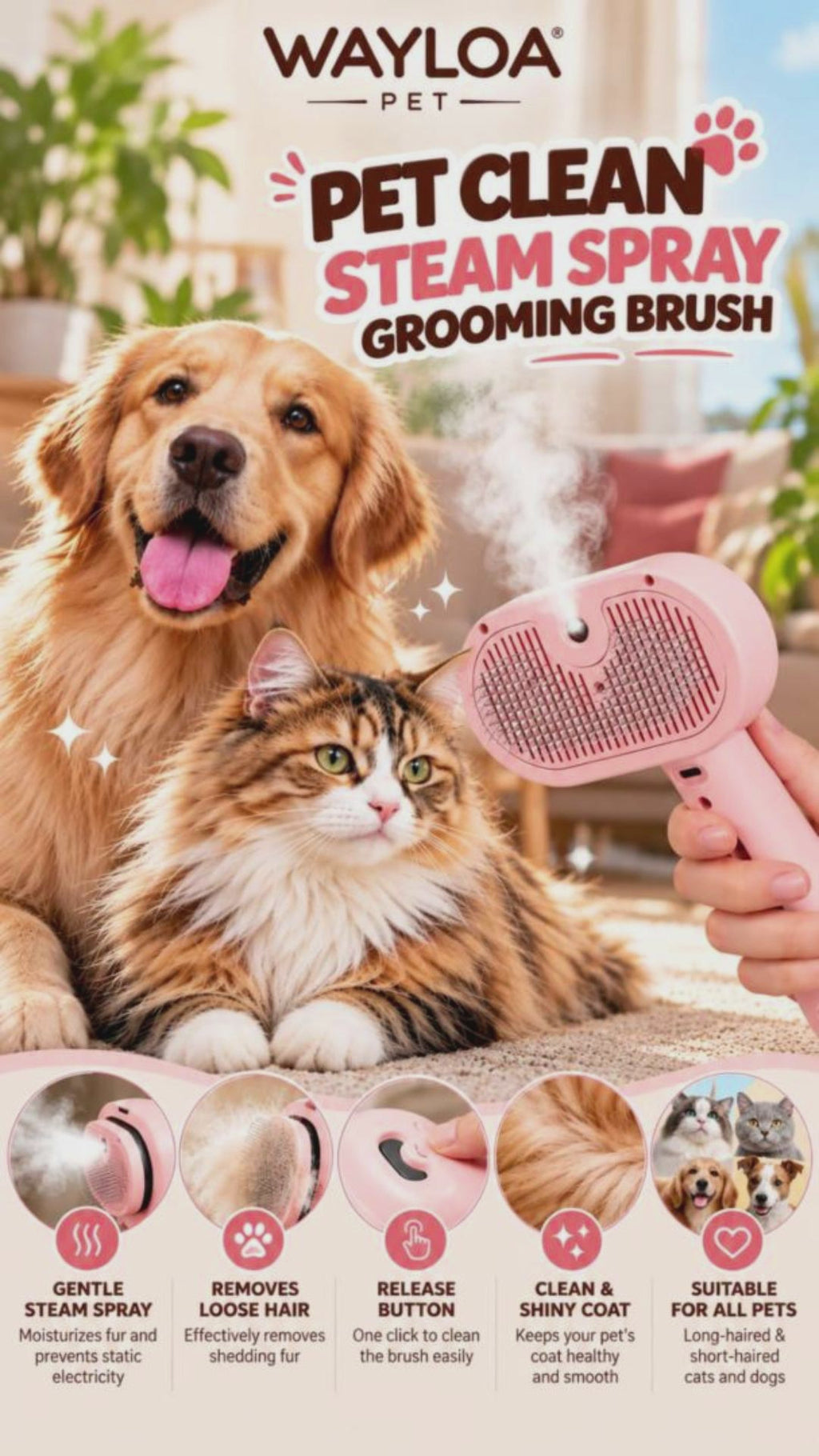 Wayloa Steam Pet Grooming Brush